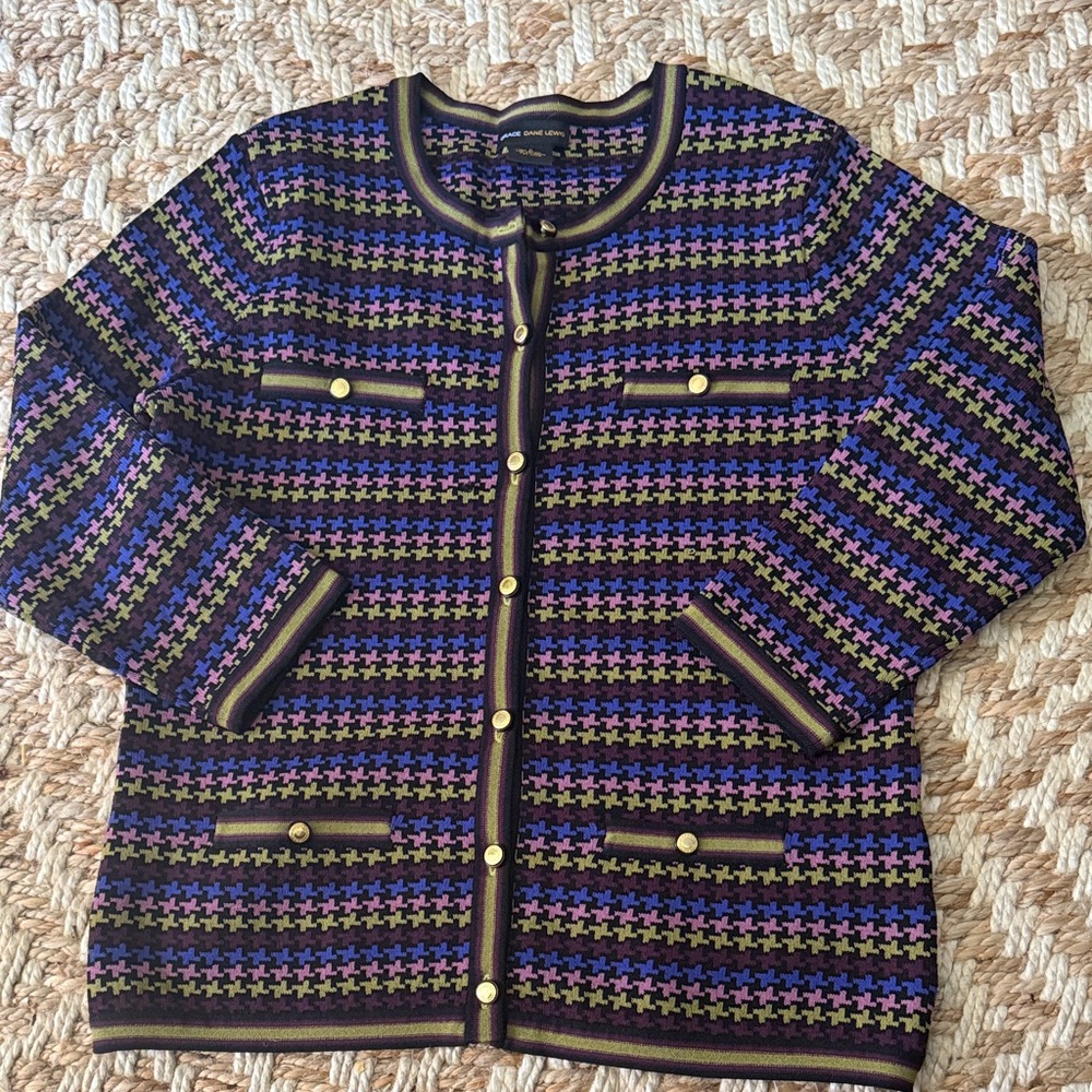 Classic Patterned Crewneck Cardigan - Purple/Black